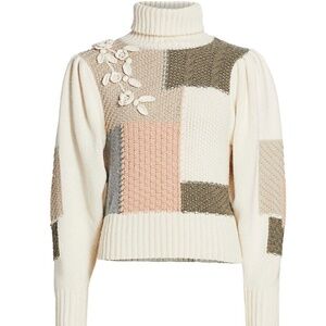 Loveshackfancy Allan Patchwork Cotton Wool Blend Turtleneck Sweater, Sma…